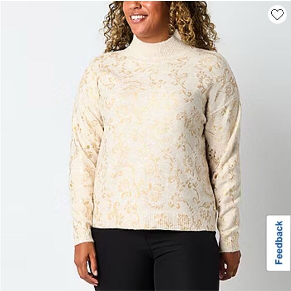 NWT LIZ CLAIBORNE Women’s Plus Sweater 3X Mock Neck Gold Scroll Pullover LS NEW - Picture 1 of 16